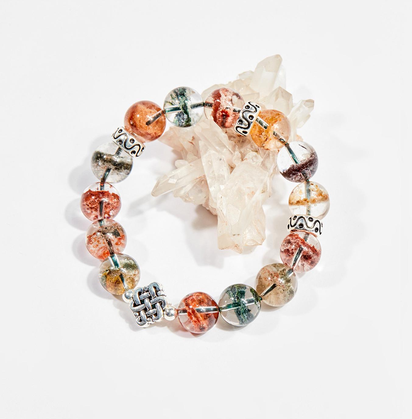 Vòng tay phong thủy đá thạch anh ưu linh đa sắc charm tài lộc 12mm - Ngọc Quý Gemstones