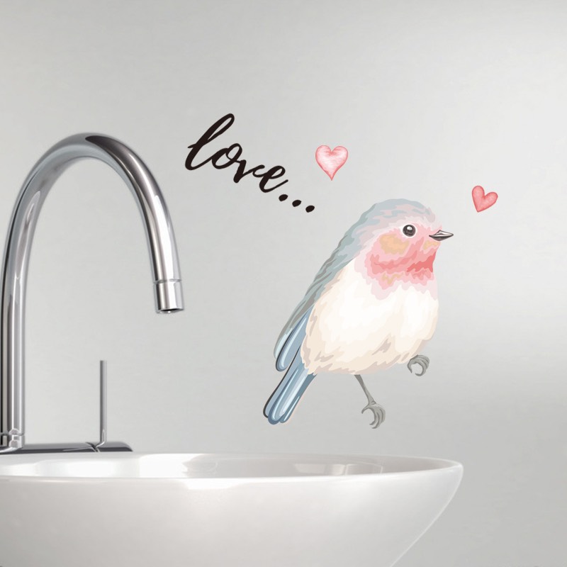 Decal trang trí tường - Chú chim hồng nhạt và chữ Love
