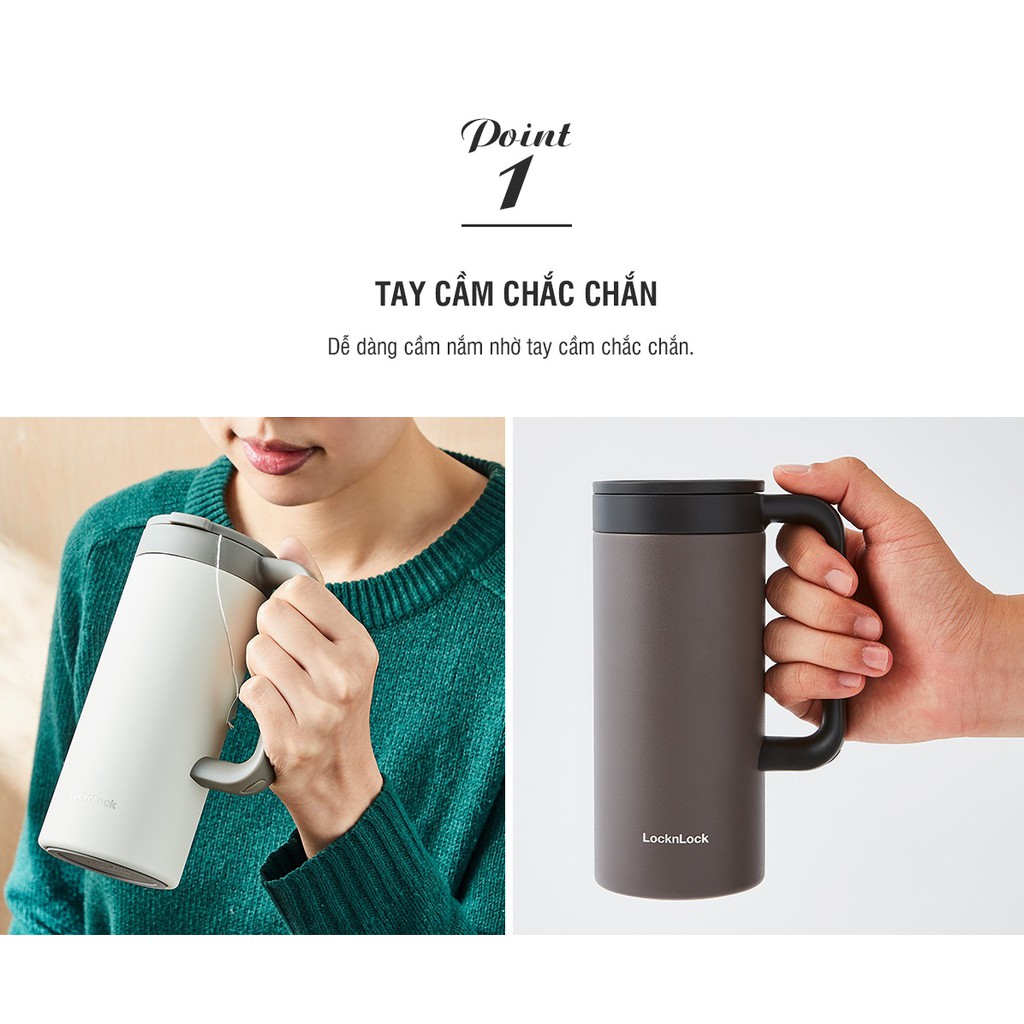 Ly Giữ Nhiệt Lock&Lock Có Tay Cầm Table Mug LHC4247 - Hàng Chính Hãng, Đóng Mở Nắp Bằng Một Tay - Tặng Kèm Cọ Rửa Ống Hút