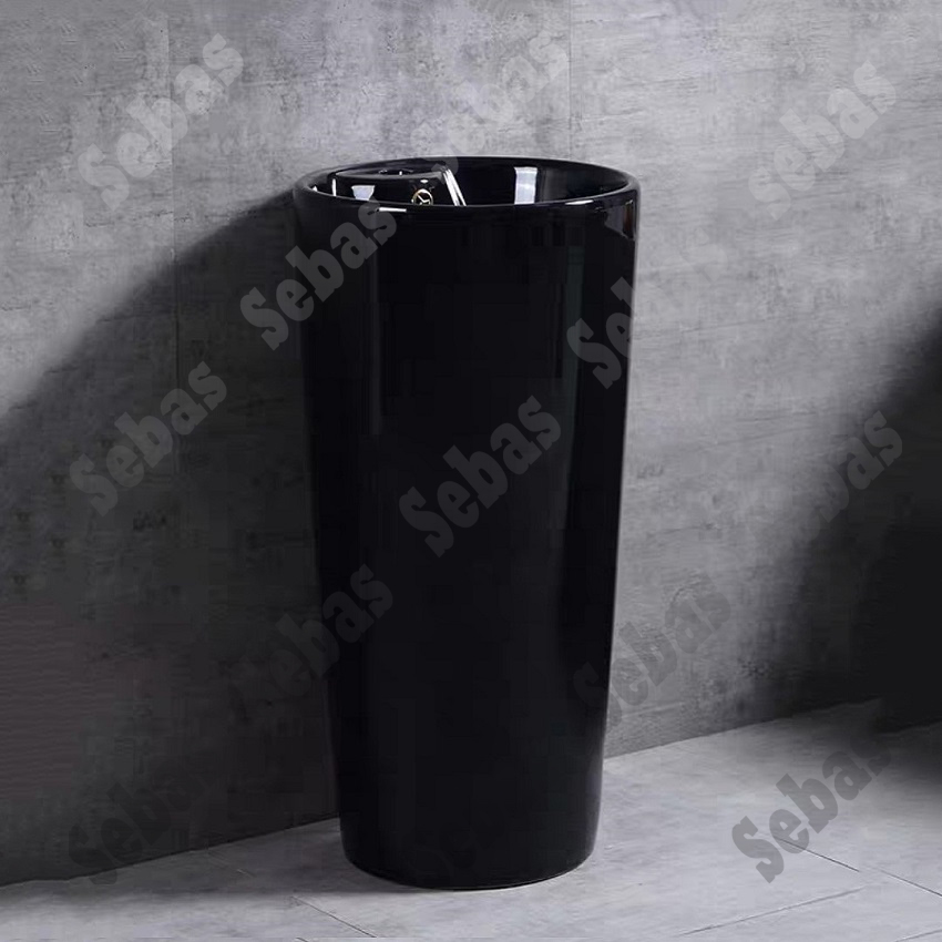 Lavabo trụ đứng đặt sàn màu đen bóng kiểu tròn