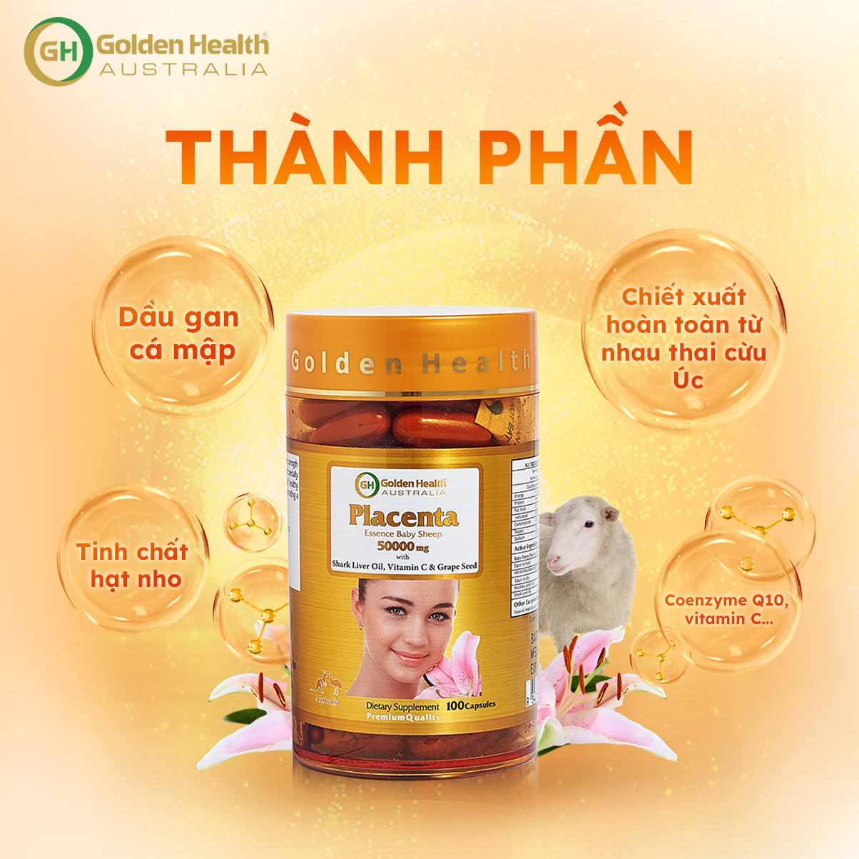 Viên Uống Nhau Thai Cừu Golden Health Placenta 50.000mg Giúp Làm Mờ Thâm, Nám,Tàn Nhang,Giúp Chống oxy Hoá Và Chống Lão Hoá Da