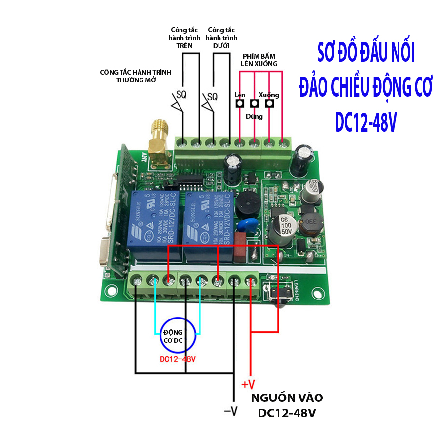 Công tắc điều khiển đảo chiều động cơ DC12-48V có hành trình V5_Tần số 315Mhz