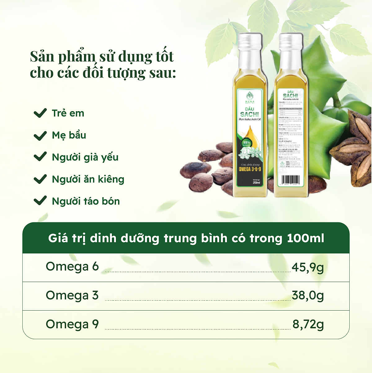 Dầu ép lạnh hạt Sachi nguyên chất HENA HAPPY OIL giúp trẻ phát triển trí não, chiều cao (250ml)