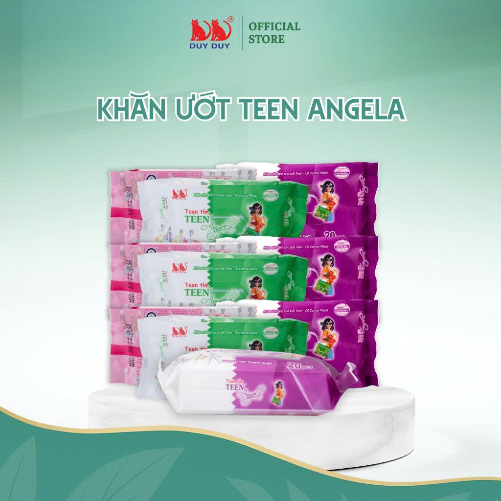 Khăn ướt mini teen tím Angela tinh chất lô hội 20 miếng (13.5x20cm) bảo vệ da nhạy cảm