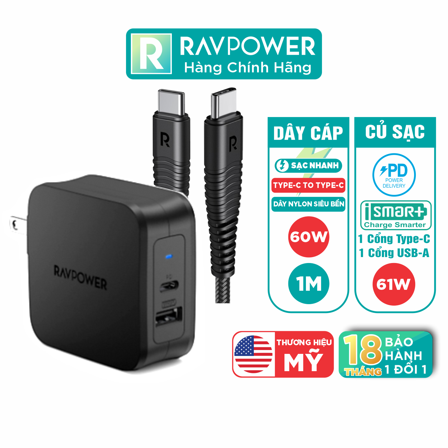 Combo RAVPower Củ Sạc Điện Thoại USB Type-C 61W RP-PC105 + Dây Cáp Sạc Type C to Type C RP-CB047 - Hàng Chính Hãng