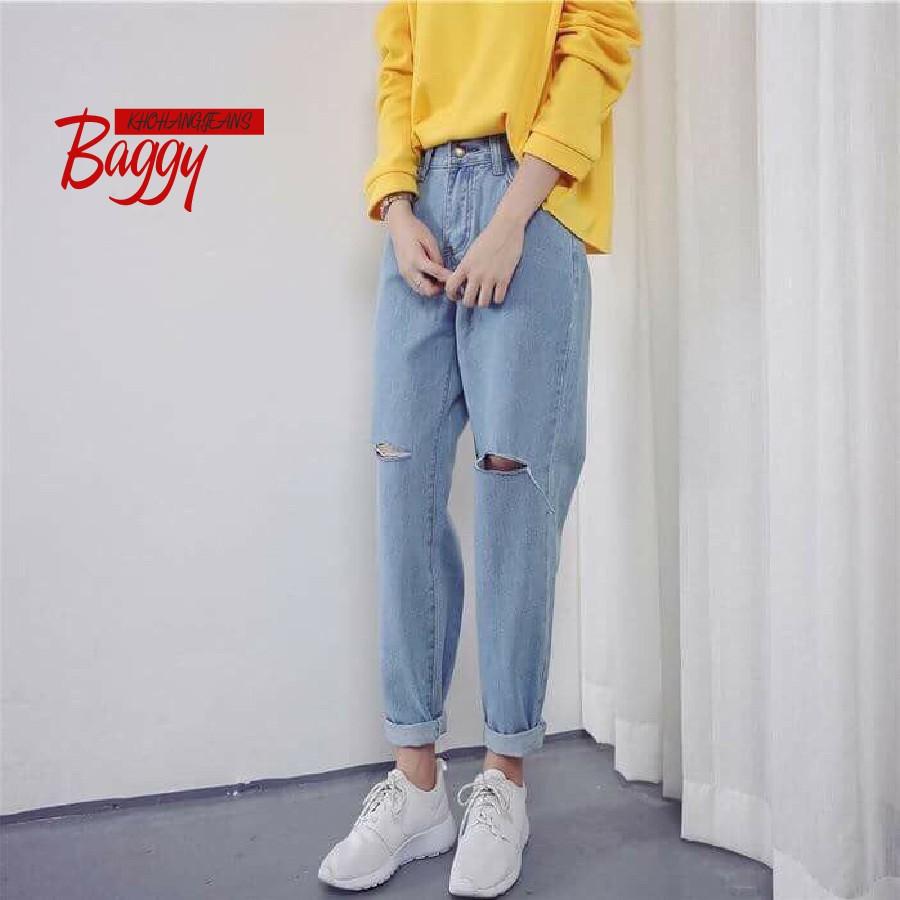 Quần Baggy Rách 2 Gối Xanh Sáng/Xanh Đậm - Đứng Form