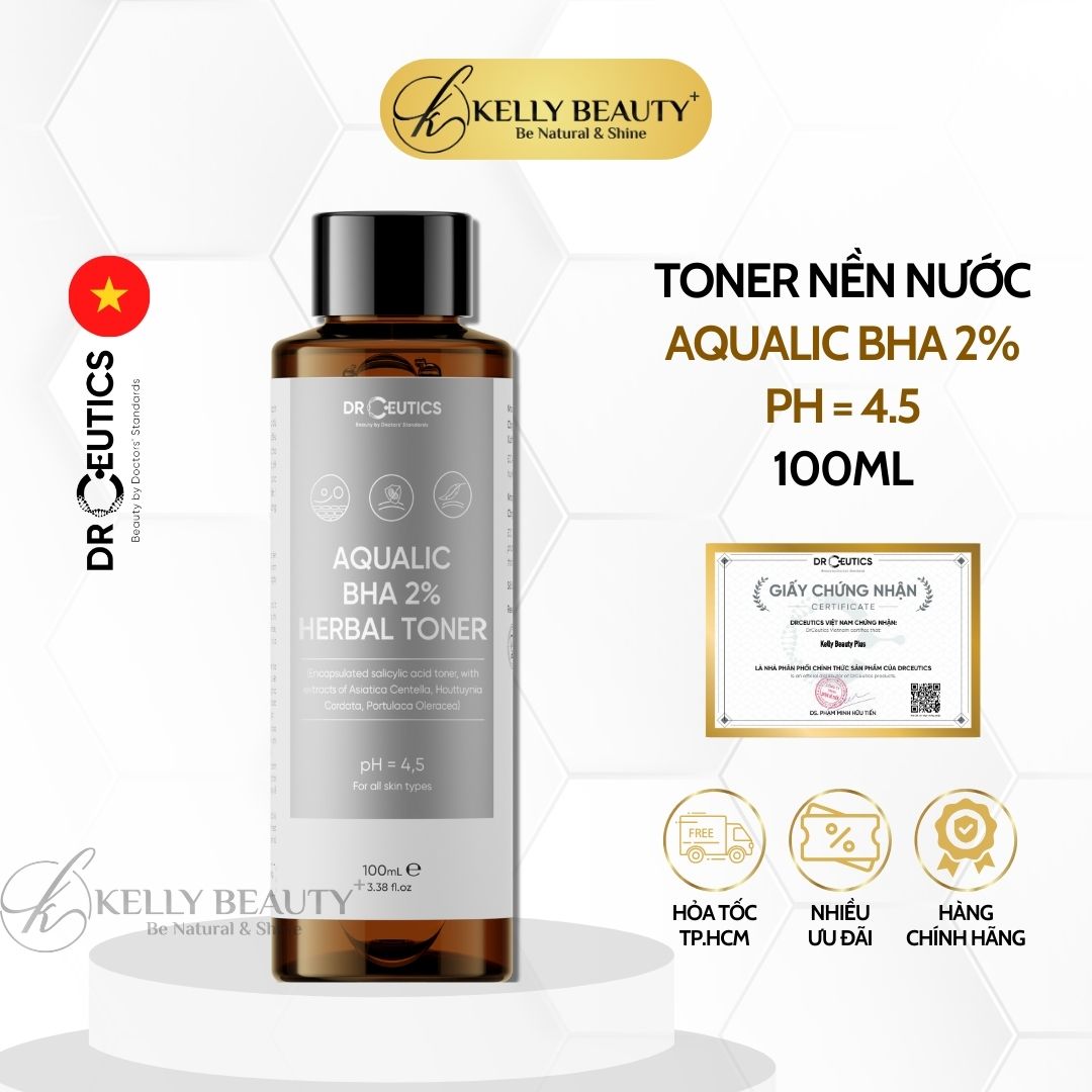 DrCeutics Aqualic BHA 2% Herbal Toner - Giảm Mụn, Ngừa Mụn Tái Phát; Da Sạch Mịn Màng | Kelly Beauty