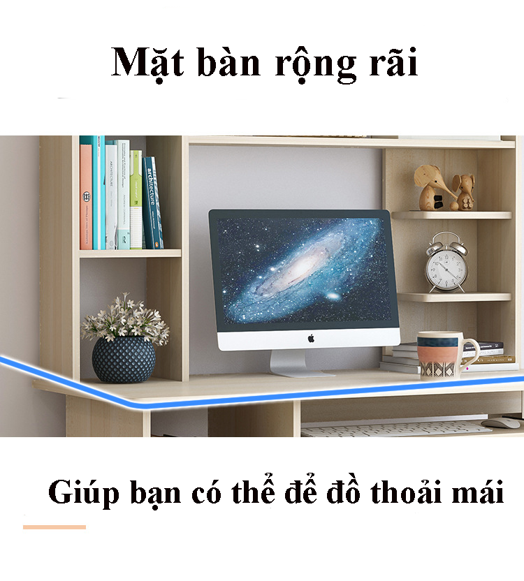 Bàn máy tính lưu trữ đồ kèm giá để sách tiện lợi, Bàn láp ghép dễ lau chùi có hộc tủ gỗ MDF dễ lau chùi