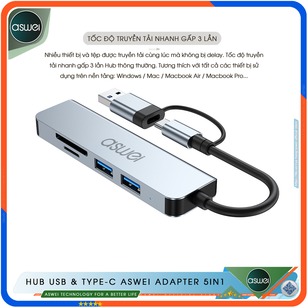 Hub USB 3.0 ASWEI 5 in 1 - Bộ Chia USB Tốc Độ Cao 5 Trong 1 To USB 3.0, Đầu Đọc Thẻ SD TF - Hub Chuyển Đổi USB Type-C Dành Cho Macbook, Laptop, PC, Máy Tính Bảng, Điện Thoại - Hàng Chính Hãng