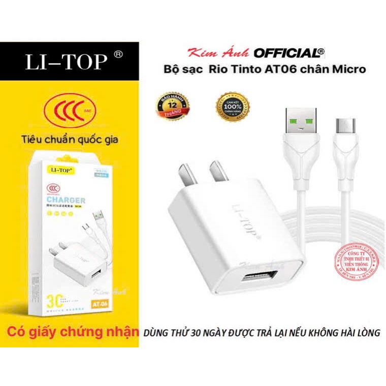 Bộ sạc Rio Tinto Li-Top AT06 5V- 2A chân Micro, đạt chứng nhận 3C tiêu chuẩn quốc gia, bảo hành hàng chính hãng 12 tháng