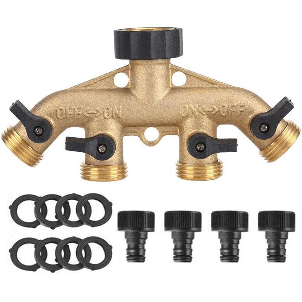 Bộ chia ống 4 chiều bằng đồng thau nguyên khối có van ngắt, vòi định vị và đầu ra 3/4", có thể sử dụng tối đa 4 ống cùng lúc.