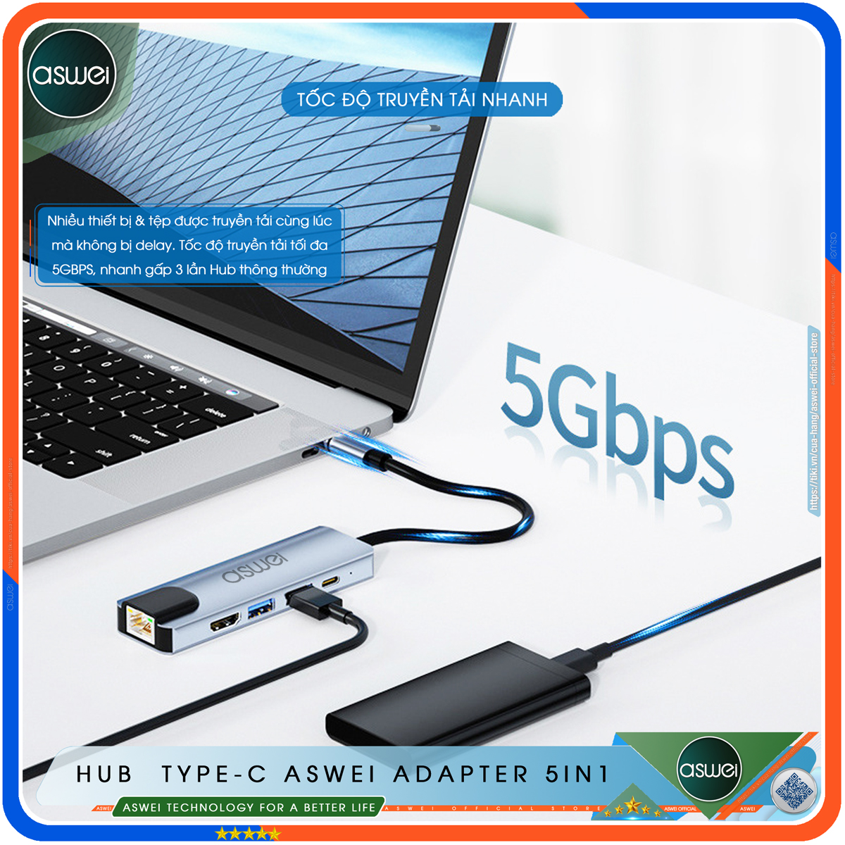 Hub Type C ASWEI 5in1 - Hub Chuyển Đổi USB Type-C To HDMI Chuẩn HDTV - Cổng Mạng Lan / HDMI 4K / USB 3.0 / Sạc Nhanh Type C PD - Kết Nối Nhiều Thiết Bị Với Tốc Độ Cao - Dành Cho MacBook / Tivi / Laptop / PC/ Máy Tính Bảng / Smartphone – Hàng Chính Hãng