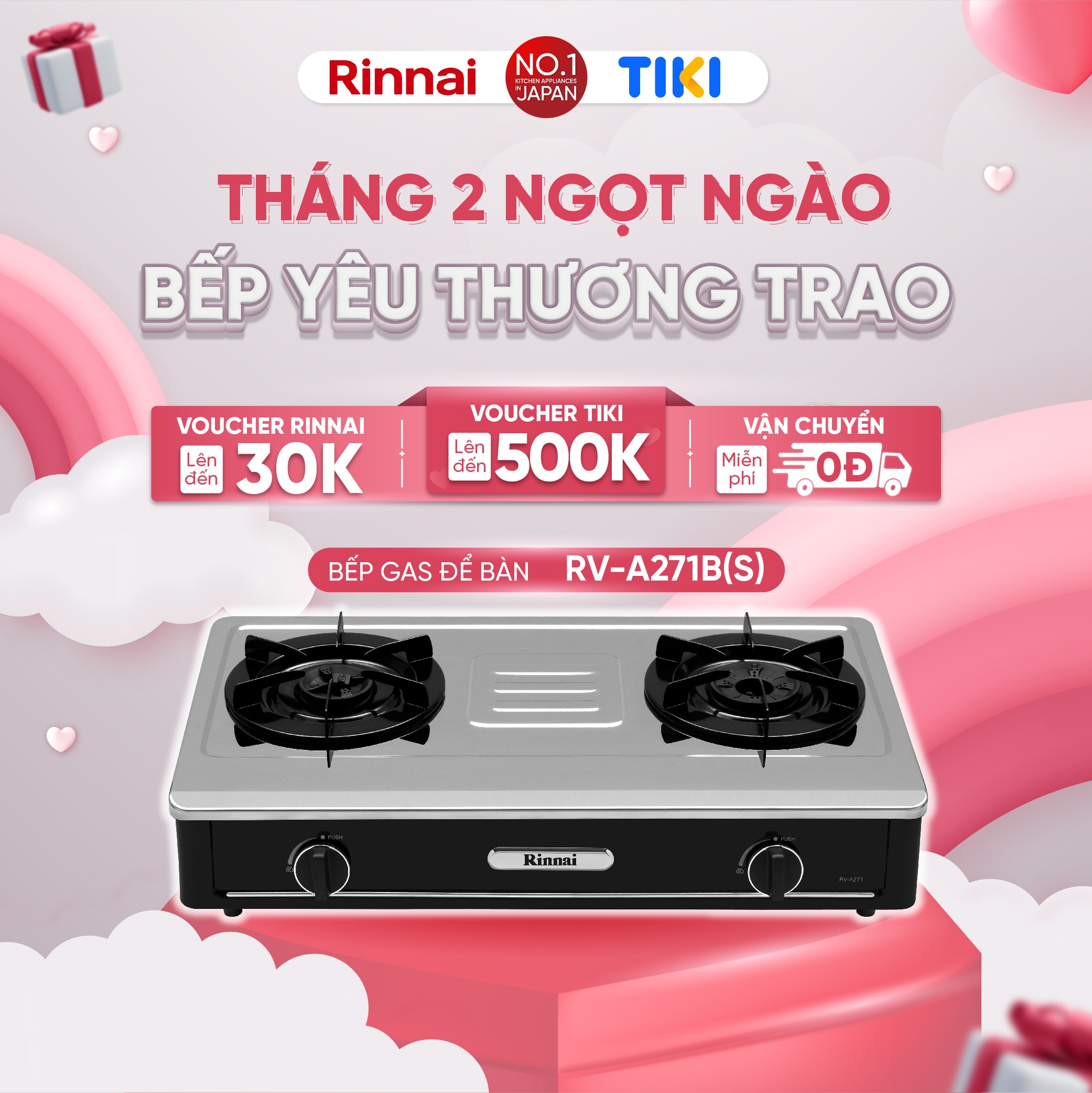 Bếp gas dương Rinnai RV-A271B(S) mặt bếp inox và kiềng bếp men - Hàng chính hãng.