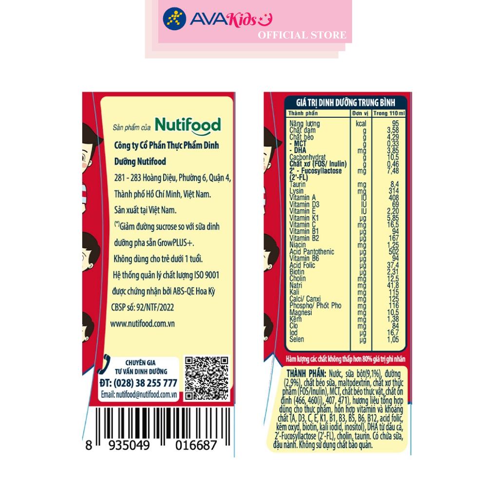 Lốc 4 hộp sữa pha sẵn Nutifood GrowPLUS+ đỏ ít đường hương vani 110 ml cho trẻ suy dinh dưỡng, thấp còi (từ 1 tuổi)