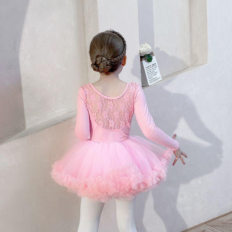 Đầm múa Ballet cao cấp mẫu viền ren ngực - Màu Hồng - Tay dài