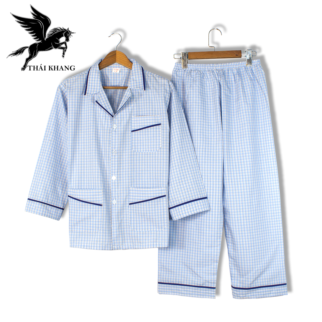 Bộ pijama nam dài tay trung niên vải cotton mặc mát thoải mái cho người già loại bộ đồ trung niên pijama mặc nhà loại caro (Giao ngẫu nhiên)