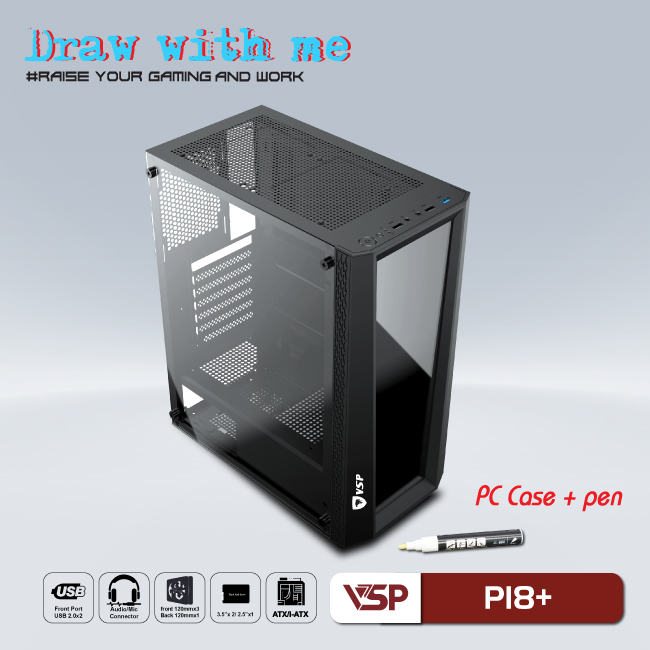 Vỏ máy tính Case VSP P18+ [ĐEN] kèm bút dạ quang ~ kính cường lực (Không FAN - ATX, Micro-ATX, ITX) - Hàng chính hãng TECH VISION phân phối