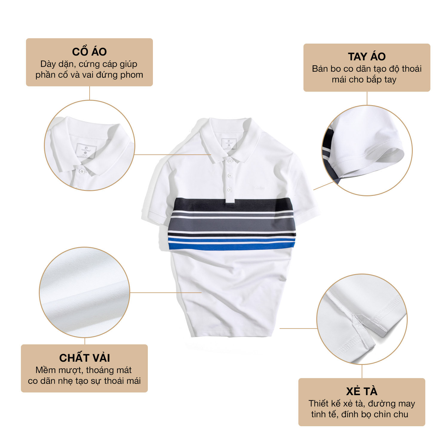 Áo Polo nam SANTINO, phối ngực lịch lãm, Cotton Cá Sấu, kháng khuẩn chống nhăn - E013