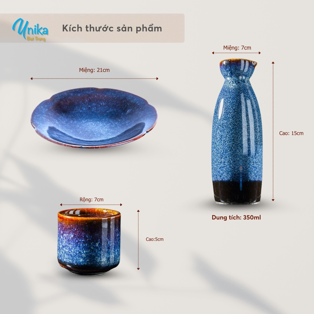 Set sake cao đĩa tròn hoa men xanh hỏa biến - Bộ sake gốm Unika Bát Tràng
