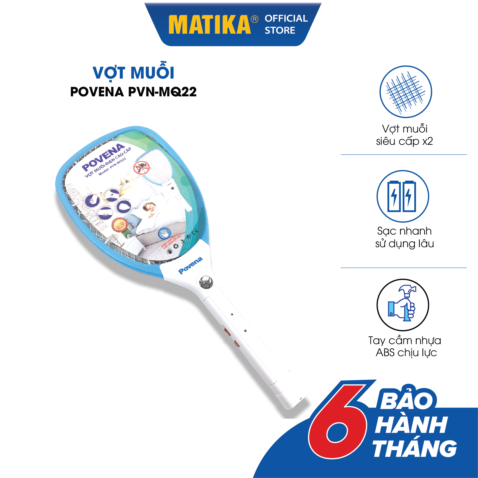 Vợt muỗi POVENA thiết kế tiện dụng màu xanh trắng dễ sử dụng PVN-MQ22 - Hàng chính hãng