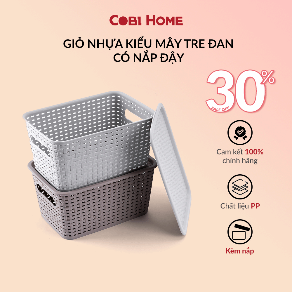 Giỏ nhựa mây tre đan đựng đồ có nắp đậy, giỏ đựng đồ đa năng, rổ nhựa