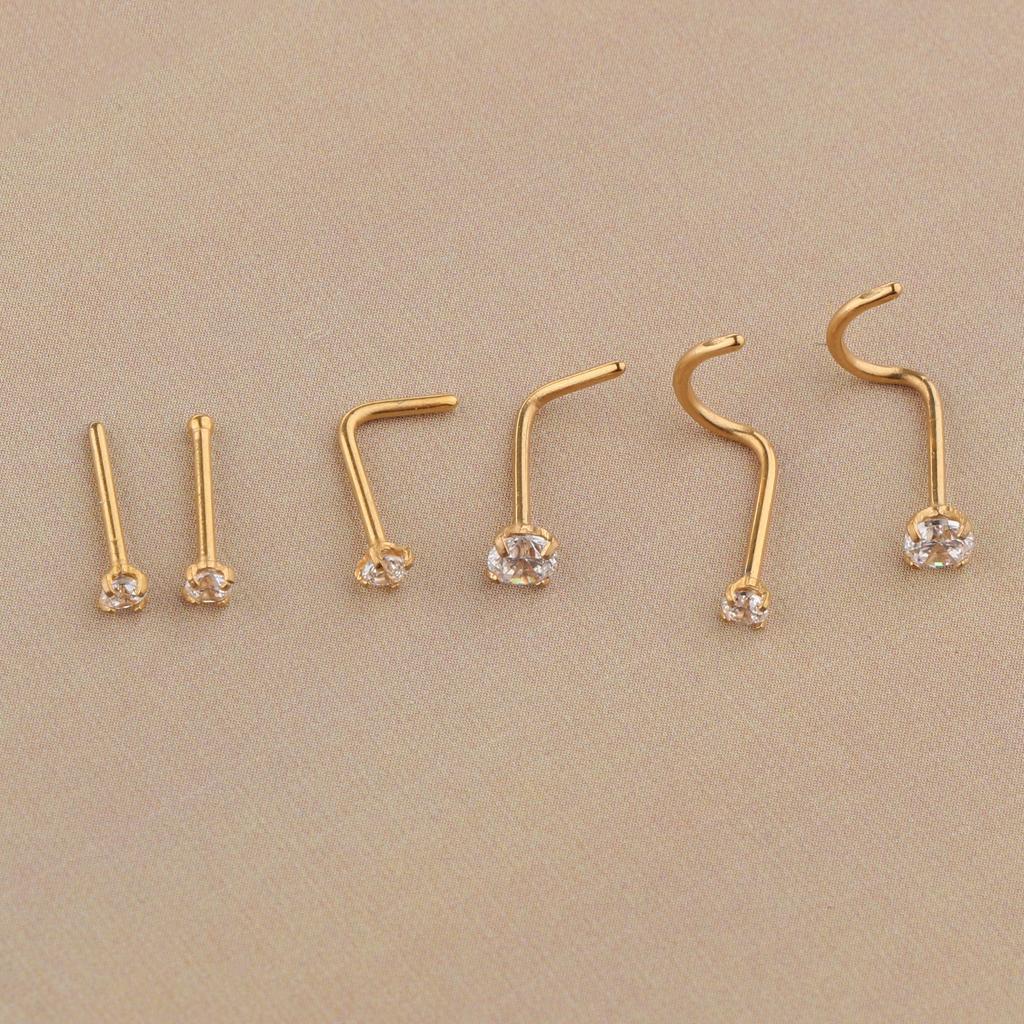 2x6 Pieces Stainless Steel Zircon Crystal Screw Curved Nose Piercing Gold