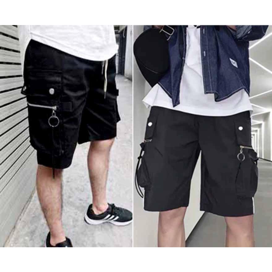 Quần Short khóa cài ngang chất liệu kaki phong cách nam - Sọt Lững Kiểu Dáng Thể Thao Unisex một Màu Đen, 02x