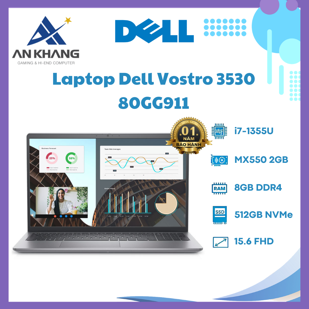 Dell Vostro 15 3530 80GG911 (Intel Core i7-1355U | 8GB | 512GB | MX550 2GB | 15.6 inch FHD | Win 11 | Office | Xám) - Hàng Chính Hãng - Bảo Hành 12 Tháng Tại Dell Việt Nam