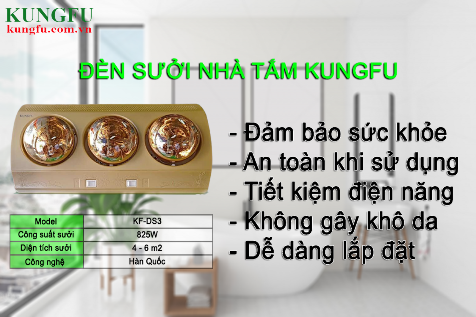 Đèn sưởi nhà tắm Đèn sưởi treo tường Hàng chính hãng Kungfu 3 bóng KF-DS3 Công nghệ chiếu sáng hồng ngoại an toàn, chống chói