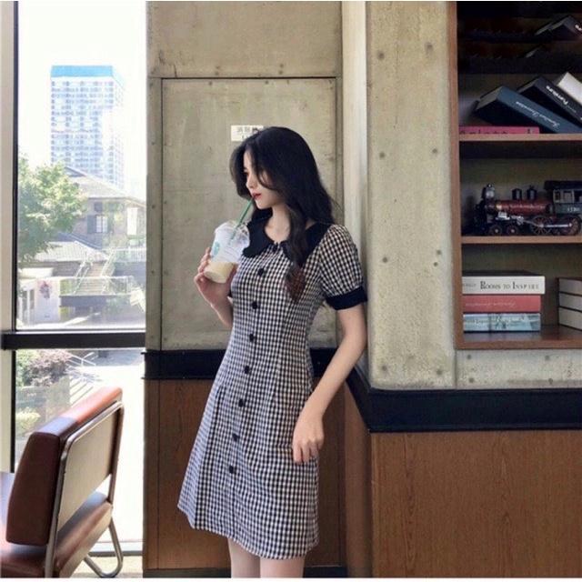 ĐẦM SUÔNG NỮ CARO PHỐI NÚT DỌC