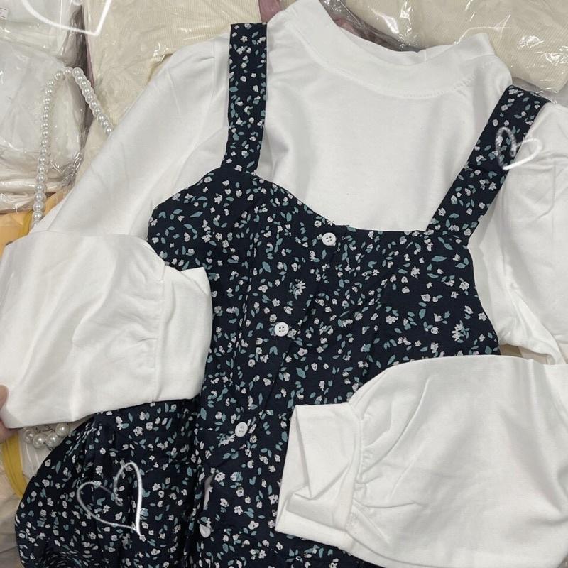 Sét Áo Tay Dài Mix Yếm Hoa Dày Dặn Yếm Dáng Dài Kiểu Vintage Siêu Xinhh