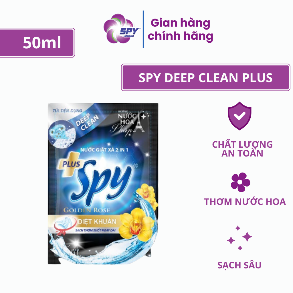 Combo 3 gói nước giặt xả 50 ml SPY Deep Clean Plus khử khuẩn, sạch sâu thơm lâu, làm mềm vải