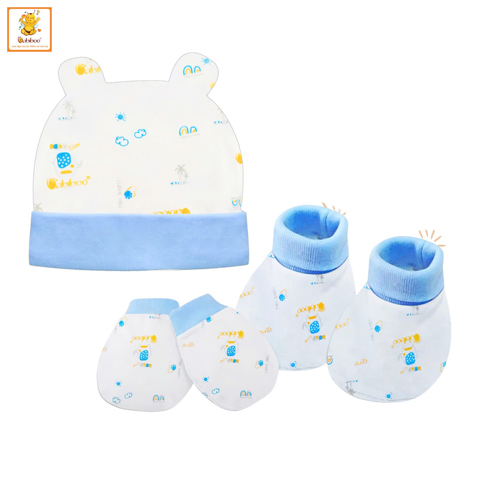 Set bao tay-bao chân- nón sơ sinh BABIBOO chất cotton in hình dễ thương - BBC26