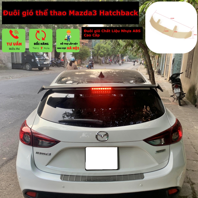 Đuôi Gió Thể Thao Mazda3, Mazda2 Hachback Một Đầu ,  Cộc, Chất Liệu Nhựa ABS . Đuôi Gió Mộc Chưa Sơn