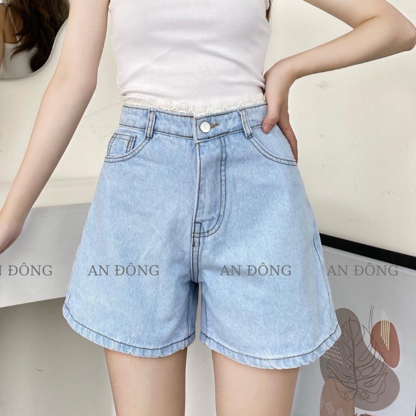 Quần Đùi Jean, Short Ngố Jean Ống Rộng Lưng Cao Phối Ren