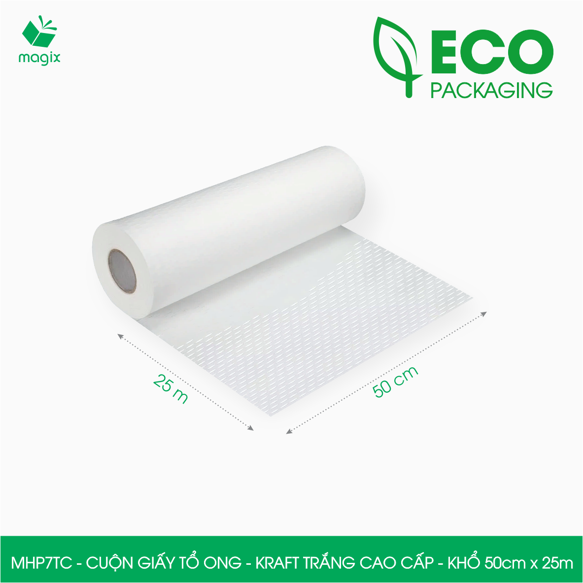 MHP7TC - 50cm x 25m - Cuộn giấy tổ ong chống sốc - Kraft trắng Cao Cấp - Giấy gói hàng, gói quà