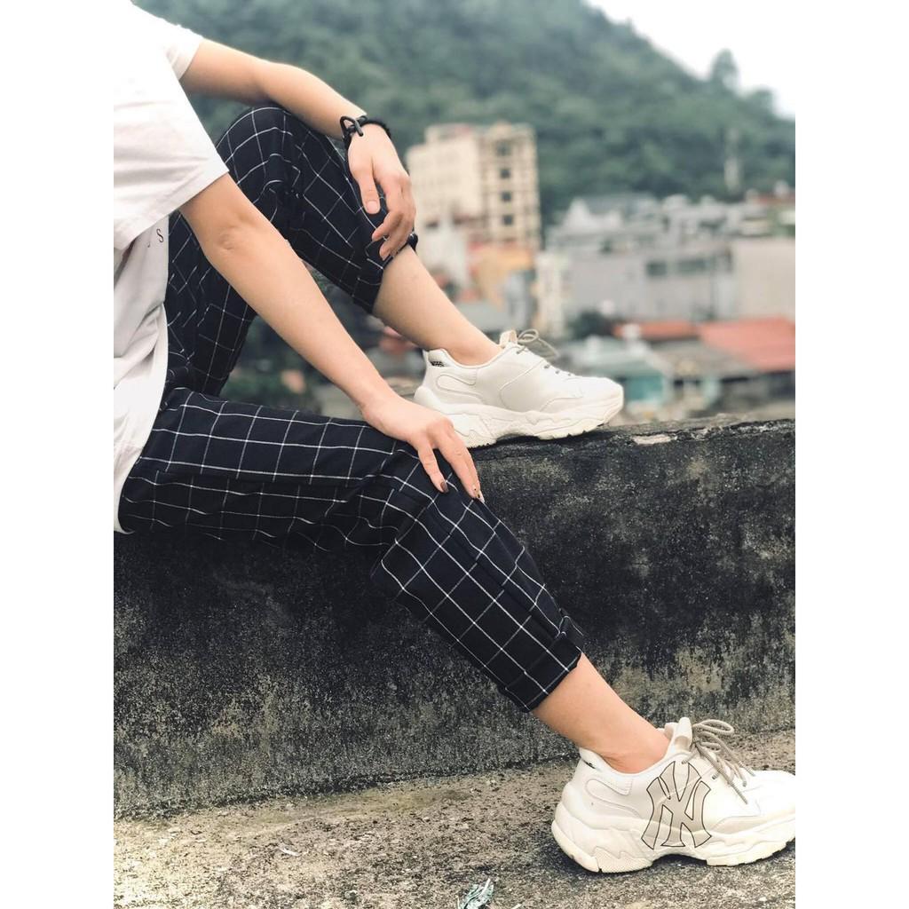 Quần thun sọc caro Nam Nữ Unisex - quần thun dài ống suông màu đen viền trắng