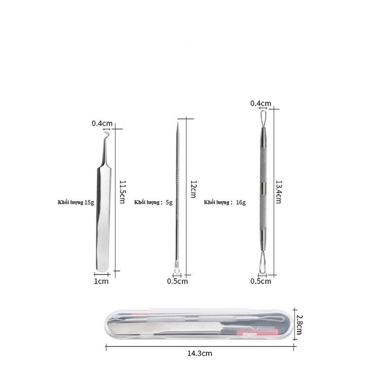 Bộ 3 Cây Que Nặn Mụn Bằng Thép Cao Cấp Không Gỉ Gồm 5 Đầu Chuyên Dụng Có Nhíp Gắp Cực Kì An Toàn