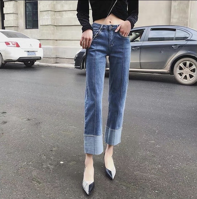 Quần jean nữ BIGSIZE ống suông rộng 9 tấc, lưng cao, co dãn mạnh, dành cho người béo 65kg~90kg 3507