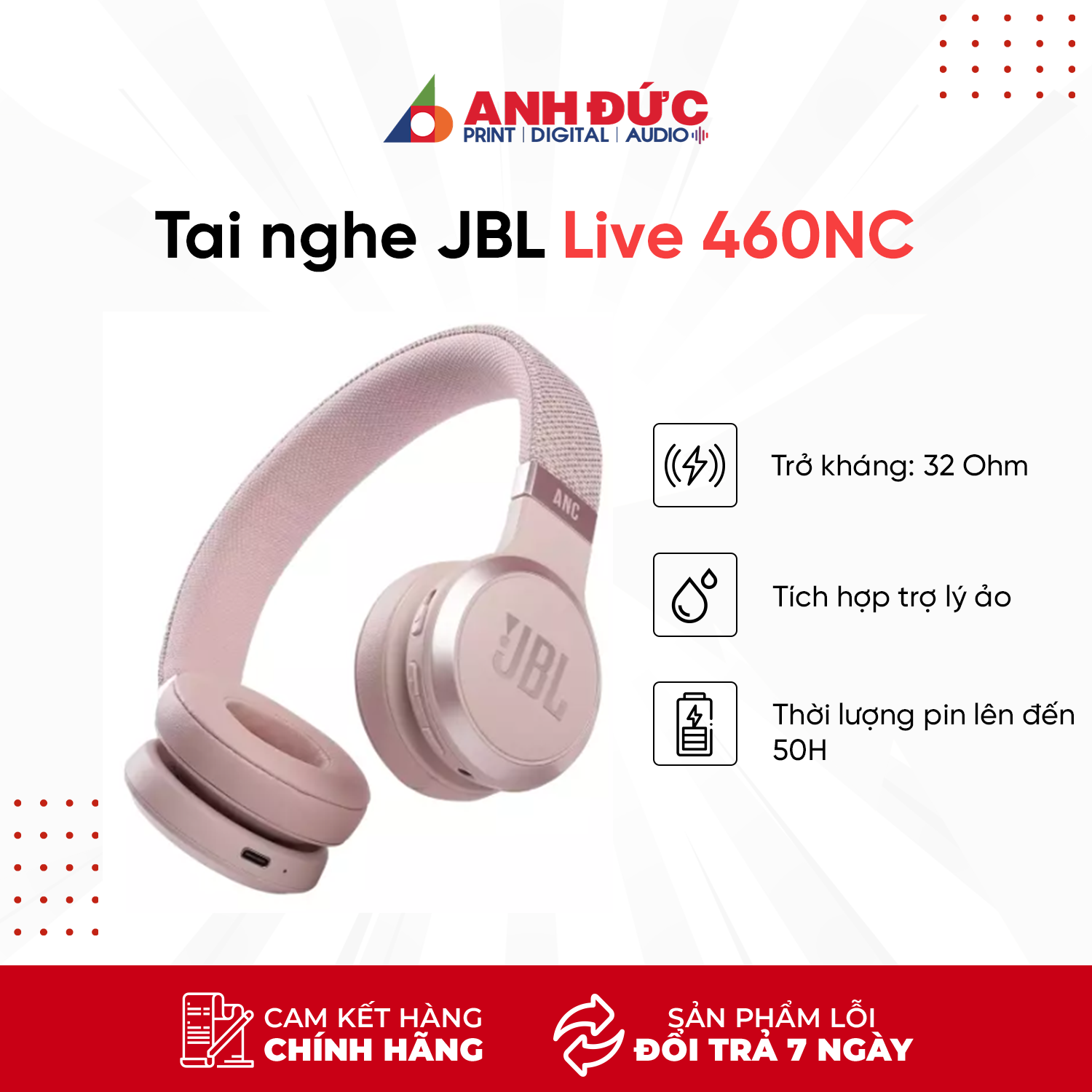 Tai Nghe Chụp Tai True Wireless Bluetooth JBL Live 460NC - Thời Lượng Pin Lên Đến 50h - Hàng Chính Hãng PGI