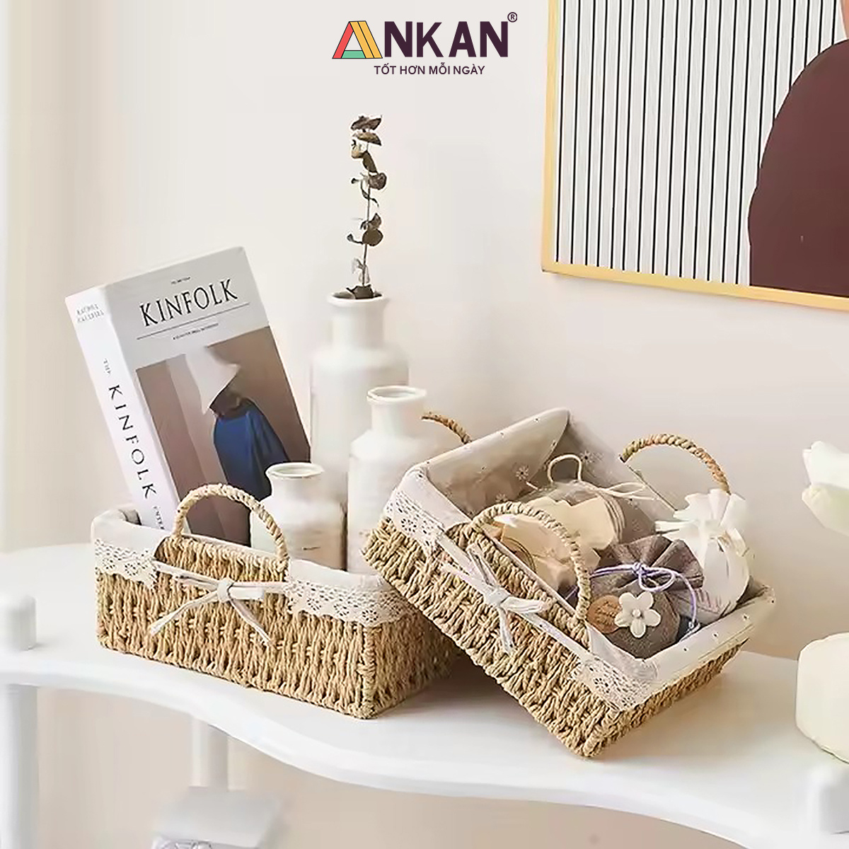 Giỏ Decor Hình Vuông Có Quai Xách – Đan Tay Thủ Công, Lót Vải Hoa Vintage, Trang Trí &amp; Đựng Đồ Đa Năng