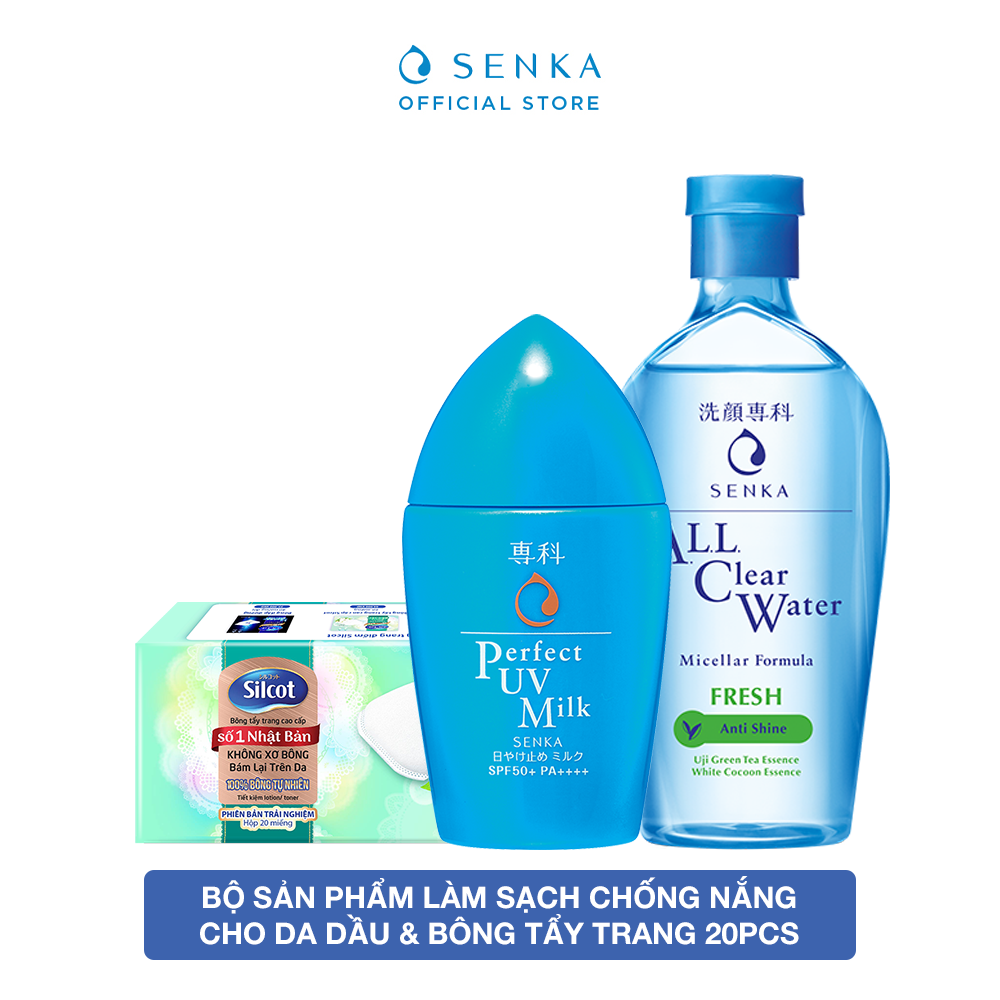 Bộ sản phẩm làm sạch chống nắng cho da dầu Senka và Bông tẩy trang Silcot 20pcs