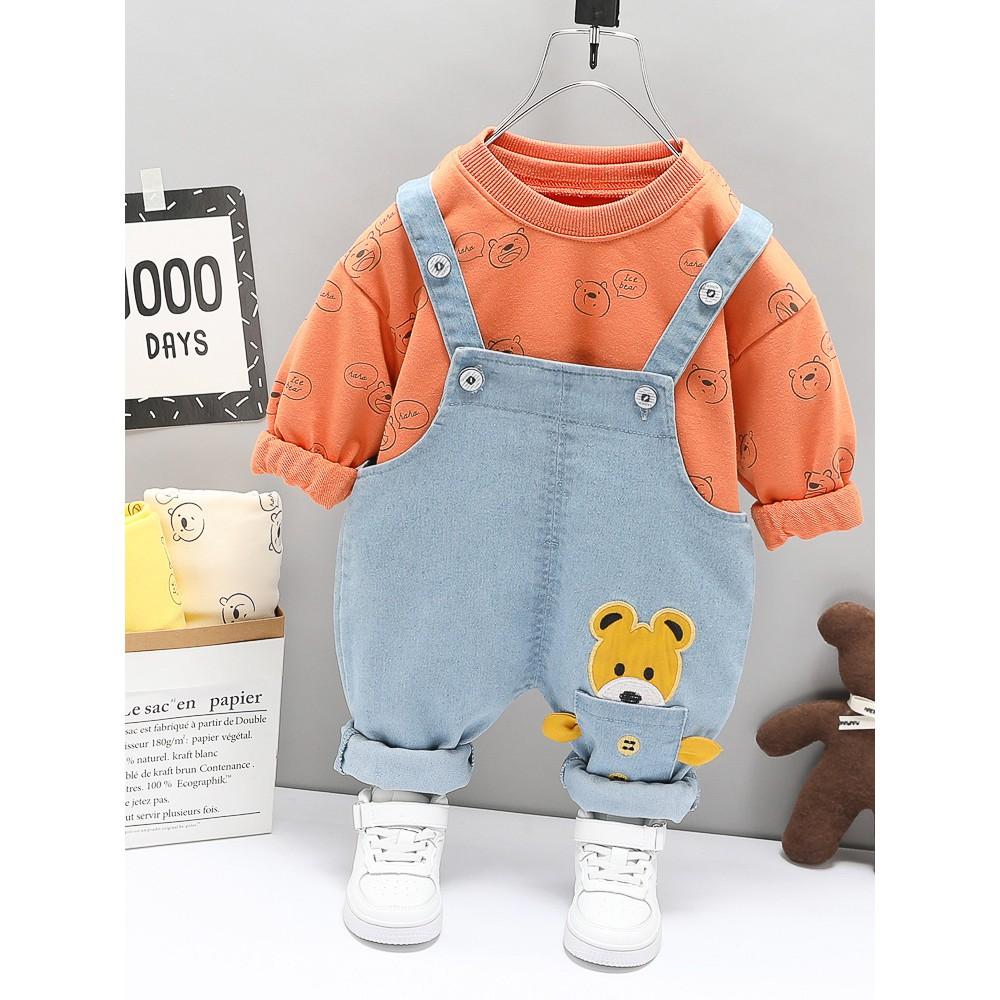 Set yếm jean túi gấu + áo dài tay họa tiết gấu con cho bé