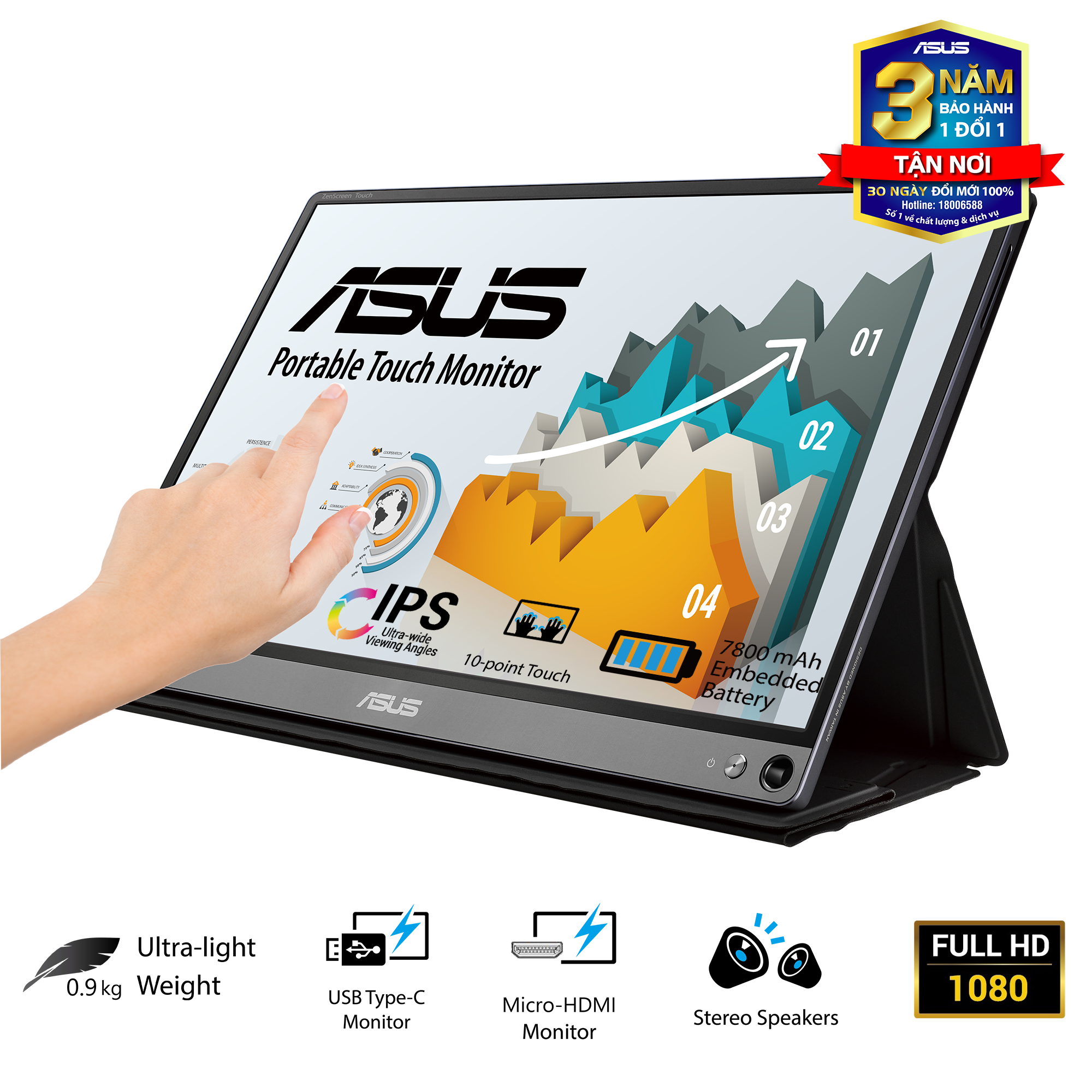 Màn Hình Di Động Cảm Ứng USB ASUS ZenScreen Touch MB16AMT 16 inch Full HD (1920 x 1080) 5ms 60Hz IPS USB Type-C Micro-HDMI Stereo Speakers 1W x 2 - Hàng Chính Hãng