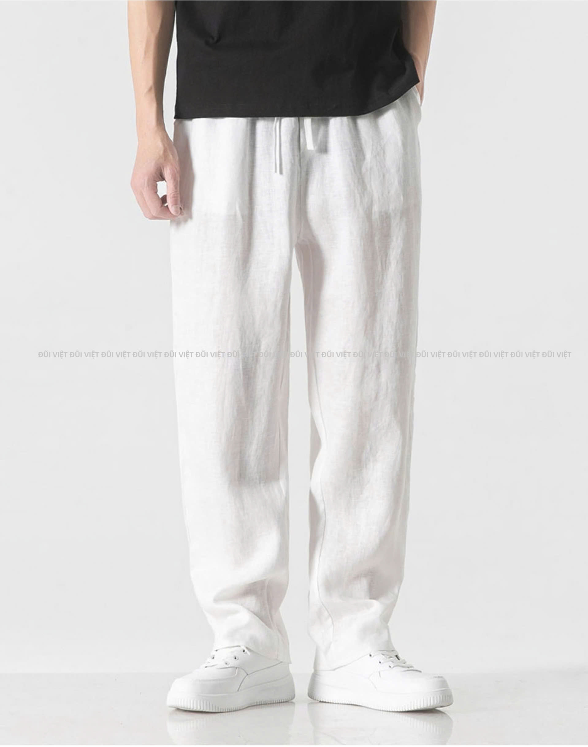 Quần nam chất linen form suông, bản ống vừa phải không quá rộng, cap chun dây rút Qd10