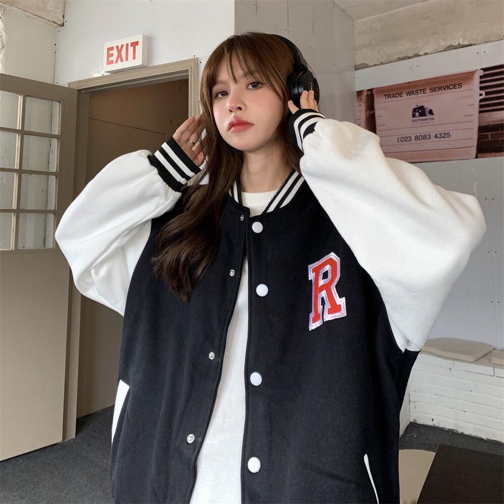 Áo khoác bomber phối tay họa tiết chữ R 2 màu xinh xắn - Moon Unisex