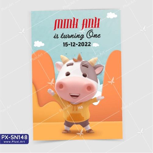 Thiệp thôi nôi – sinh nhật Pluxi bé Trai tuổi Sửu - Trâu - PX_SN148