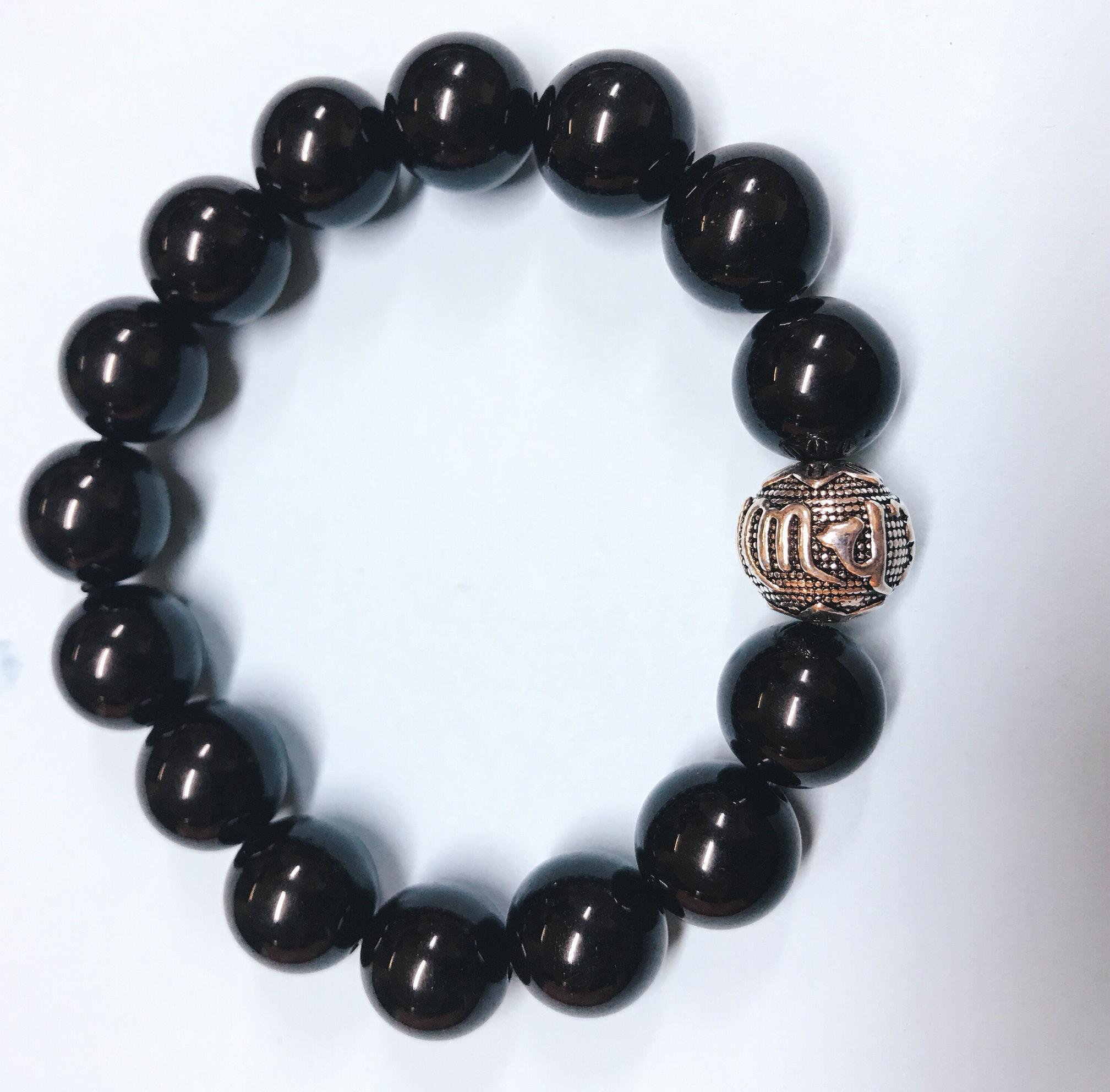 Vòng Tay Phong Thủy Đá Obsidian Núi Lửa Mix Charm Omshanti Bạc cho Nam Mệnh Thủy, Mệnh Mộc