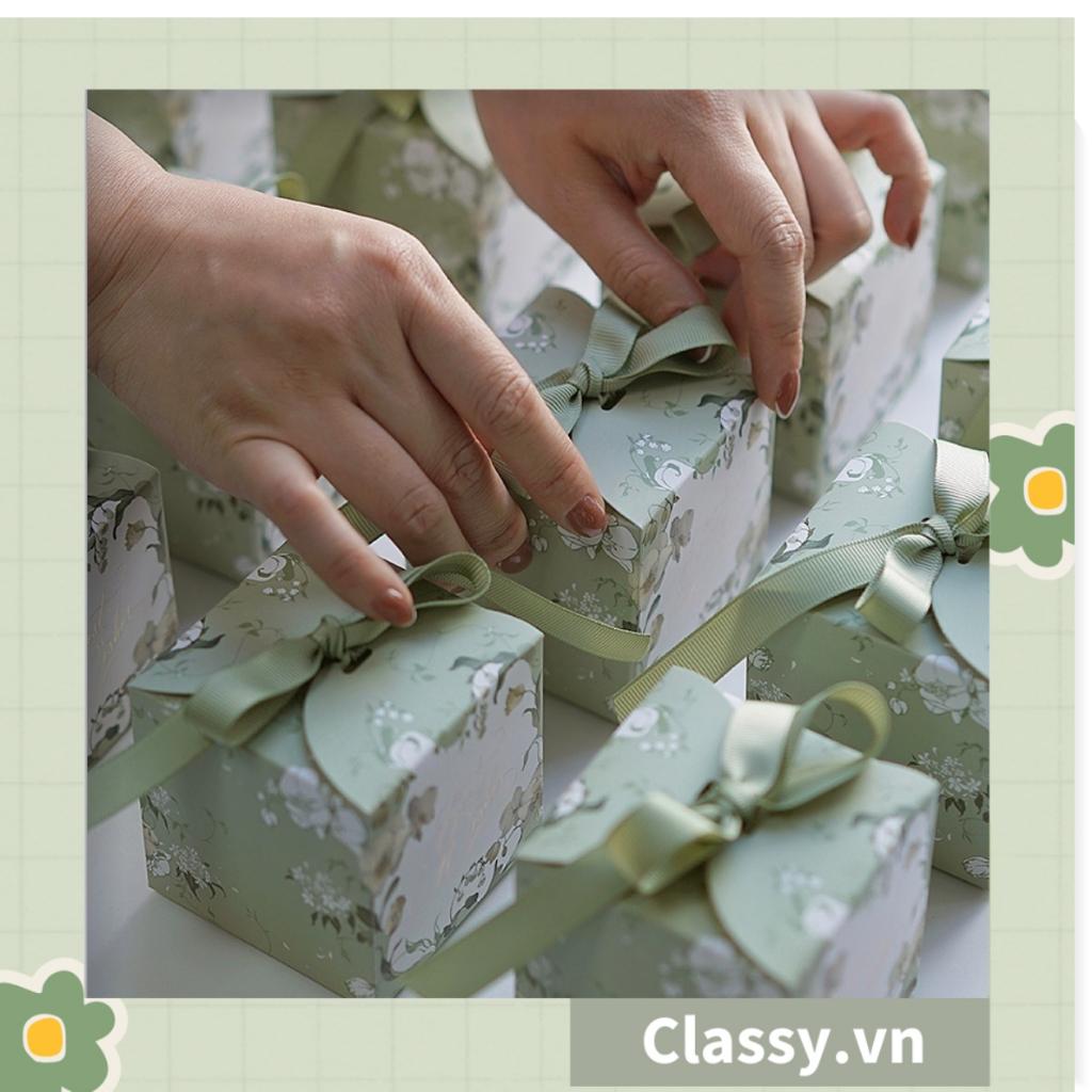 Hộp quà tặng tự gấp đính kèm ruy băng, đựng kẹo cưới, quà cảm ơn, màu đỏ thanh lịch Q1709