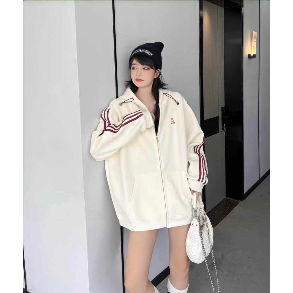 Áo Khoác Nỉ Nam Nữ Unisex Mũ Dây Rút Chạy Sọc